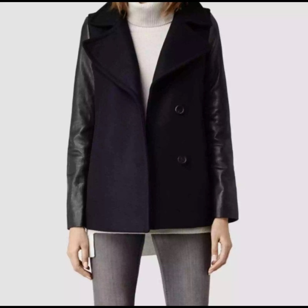 AllSaints Ishba Wool Leather Sleeve Pea Coat US Size 4.